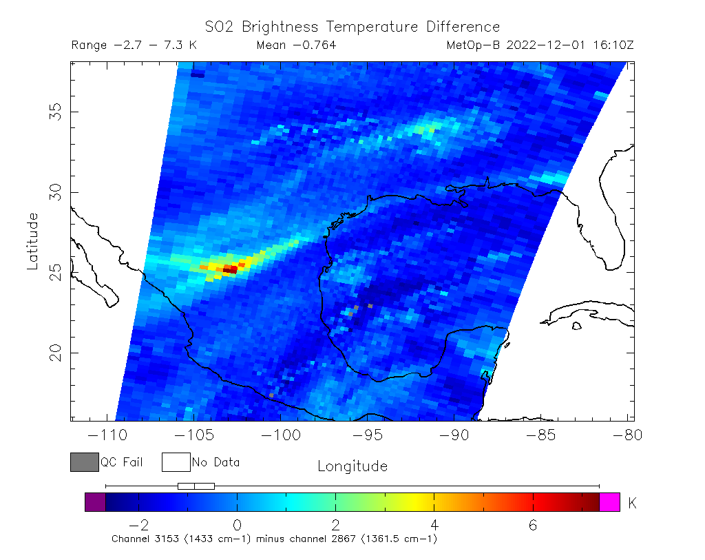 SO2 Brightness Temperature Difference 2022-12-01 16:10Z