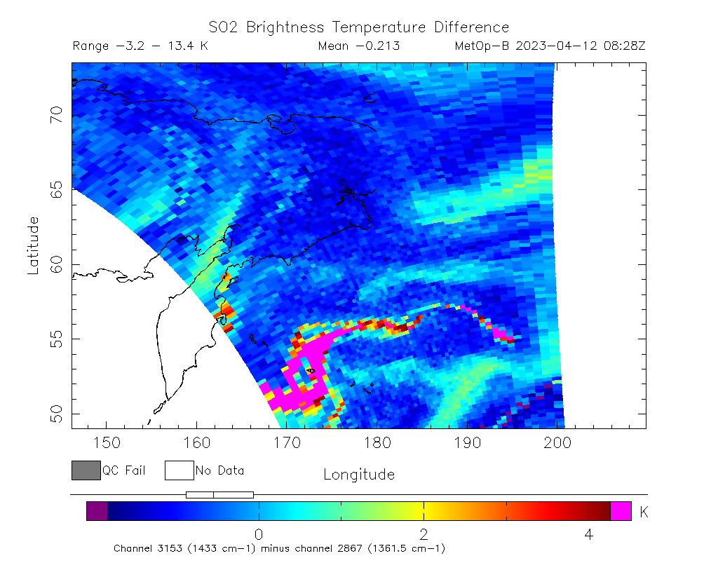 SO2 Brightness Temperature Difference 2023-04-12 08:28Z