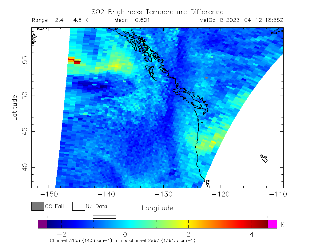 SO2 Brightness Temperature Difference 2023-04-12 18:55Z