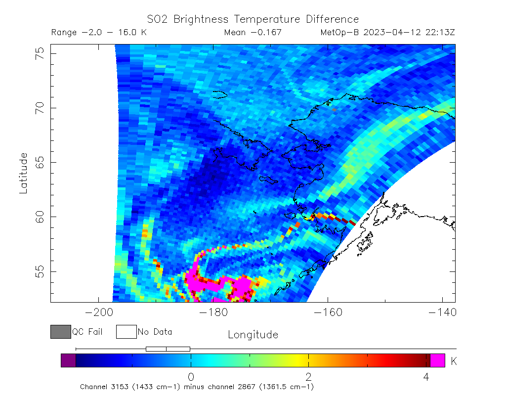 SO2 Brightness Temperature Difference 2023-04-12 22:13Z