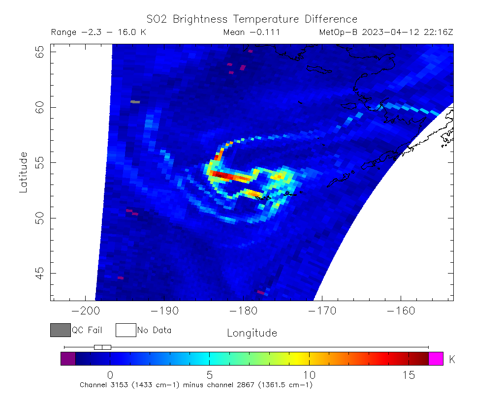 SO2 Brightness Temperature Difference 2023-04-12 22:16Z