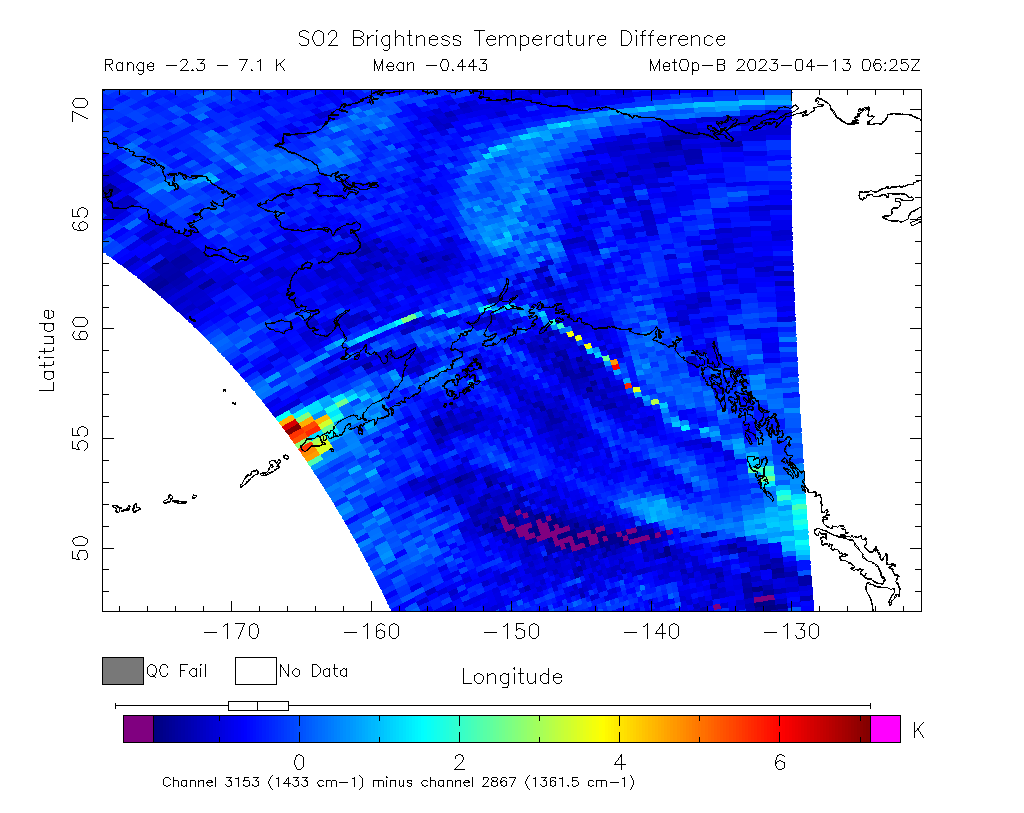 SO2 Brightness Temperature Difference 2023-04-13 06:25Z
