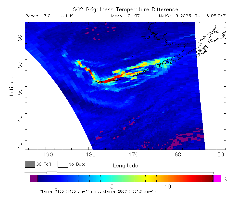 SO2 Brightness Temperature Difference 2023-04-13 08:04Z