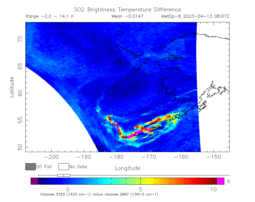 SO2 Brightness Temperature Difference 2023-04-13 08:07Z