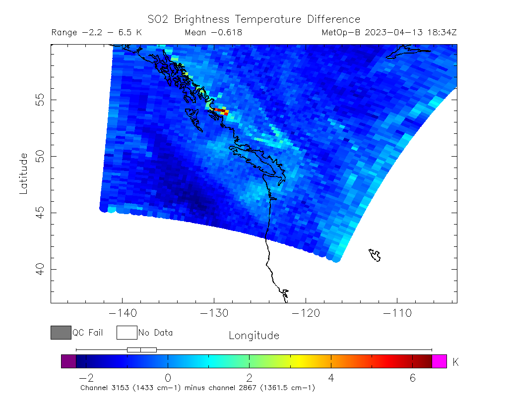 SO2 Brightness Temperature Difference 2023-04-13 18:34Z