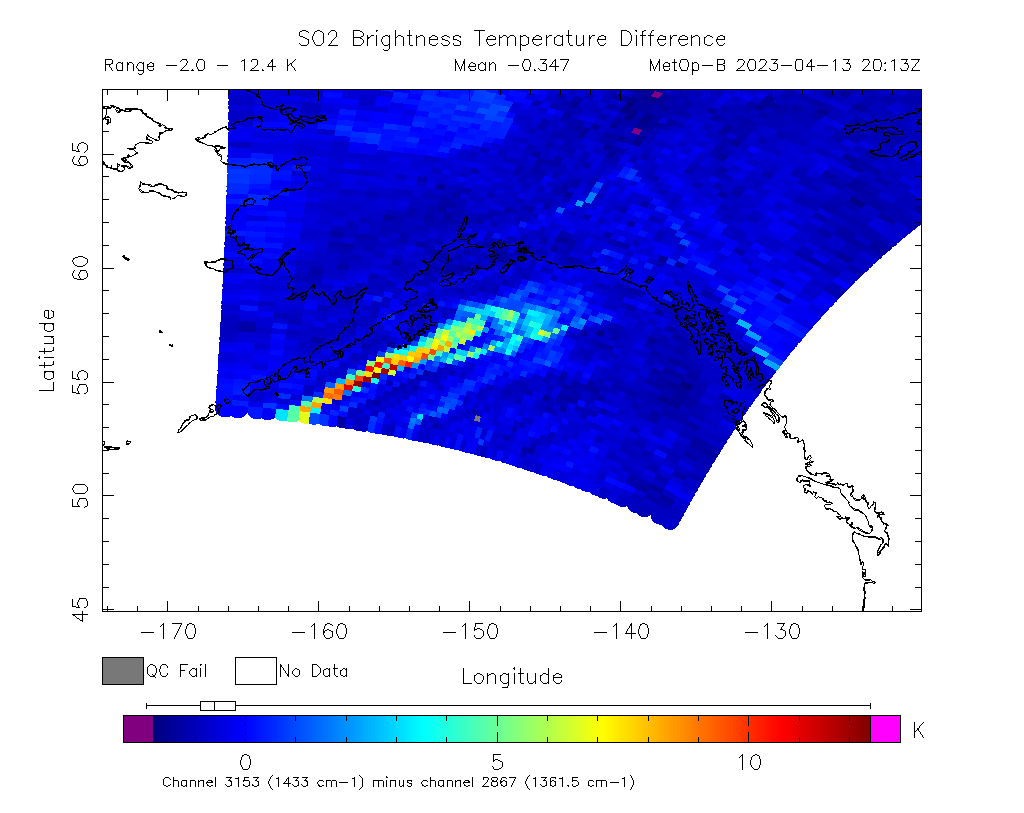 SO2 Brightness Temperature Difference 2023-04-13 20:13Z