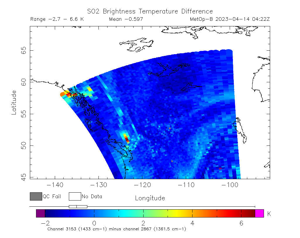 SO2 Brightness Temperature Difference 2023-04-14 04:22Z