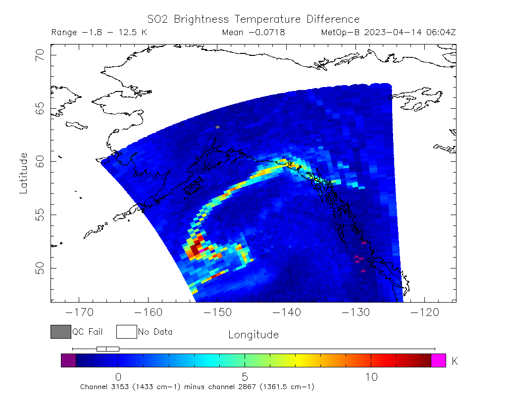 SO2 Brightness Temperature Difference 2023-04-14 06:04Z