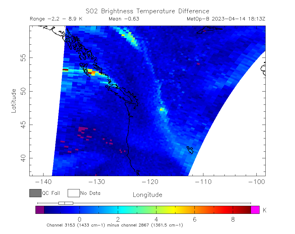 SO2 Brightness Temperature Difference 2023-04-14 18:13Z