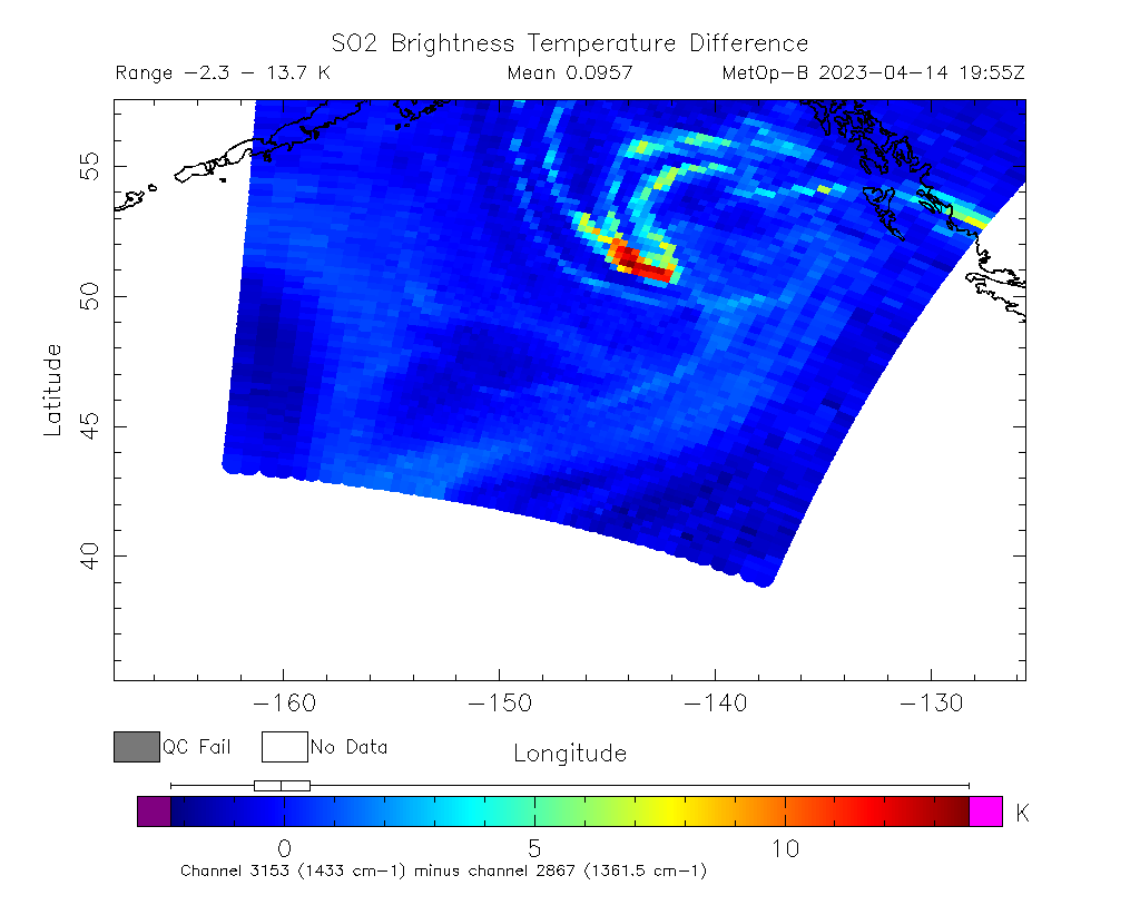 SO2 Brightness Temperature Difference 2023-04-14 19:55Z