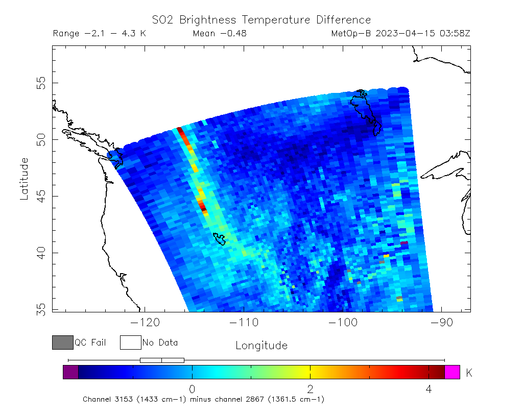 SO2 Brightness Temperature Difference 2023-04-15 03:58Z