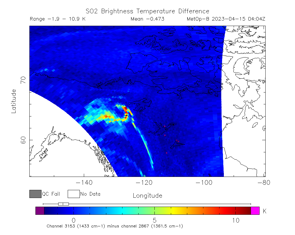 SO2 Brightness Temperature Difference 2023-04-15 04:04Z