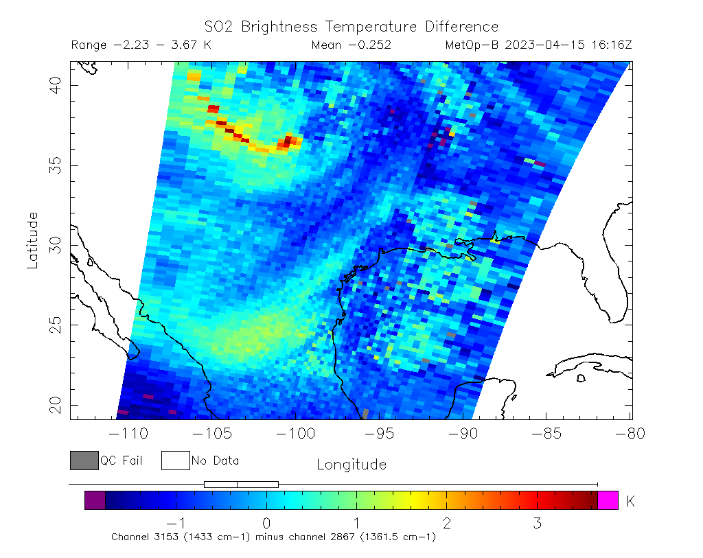 SO2 Brightness Temperature Difference 2023-04-15 16:16Z