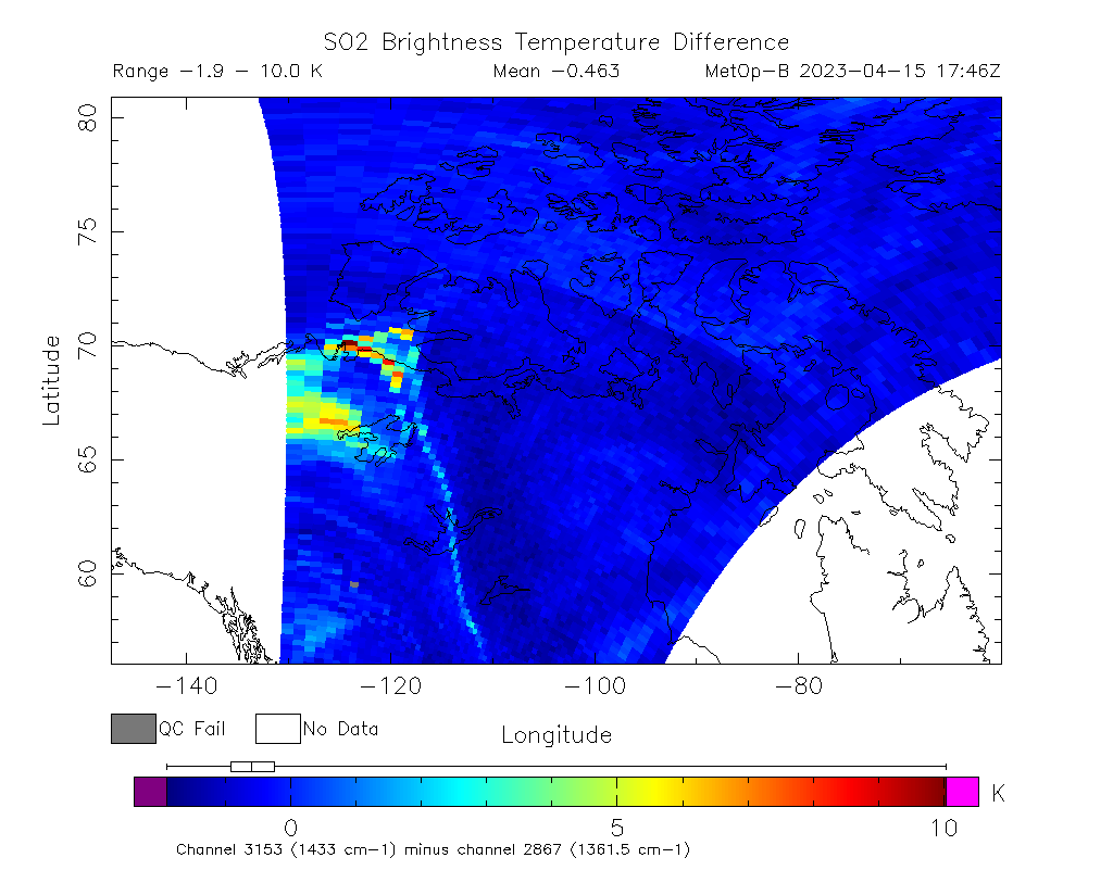SO2 Brightness Temperature Difference 2023-04-15 17:46Z