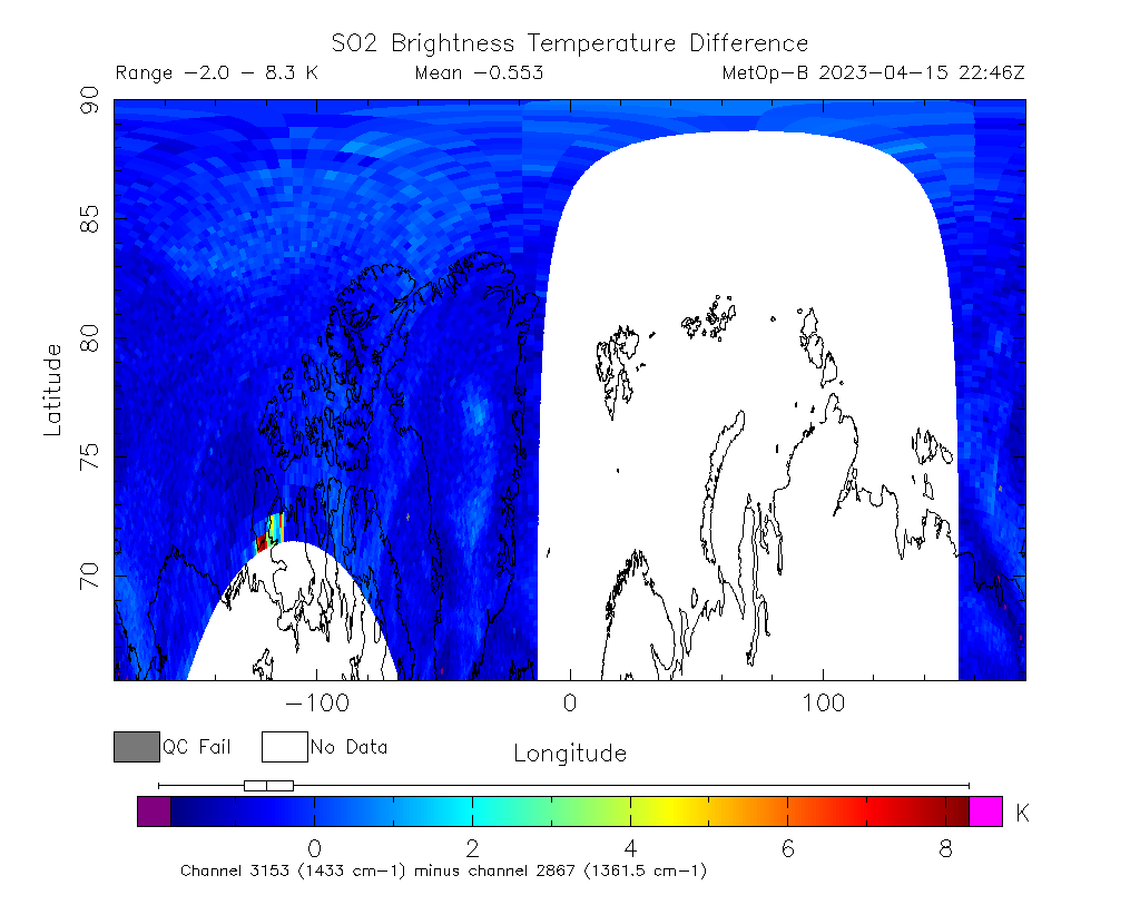 SO2 Brightness Temperature Difference 2023-04-15 22:46Z