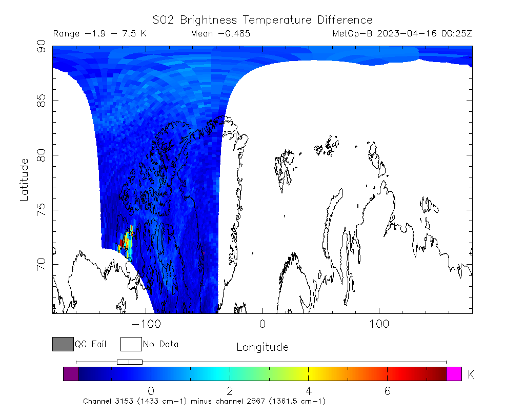 SO2 Brightness Temperature Difference 2023-04-16 00:25Z