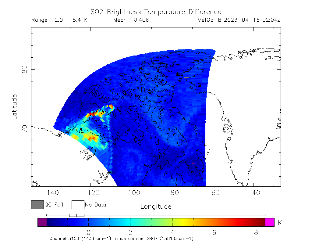 SO2 Brightness Temperature Difference 2023-04-16 02:04Z