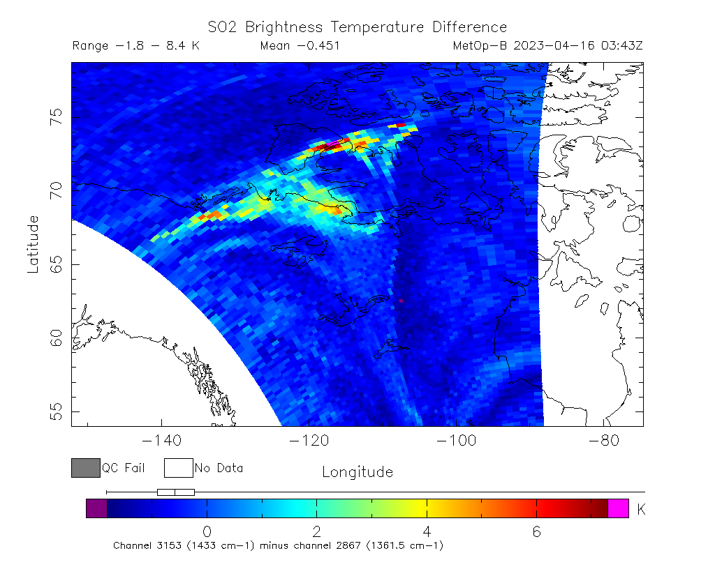 SO2 Brightness Temperature Difference 2023-04-16 03:43Z