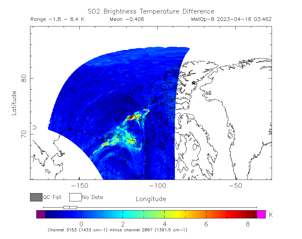 SO2 Brightness Temperature Difference 2023-04-16 03:46Z