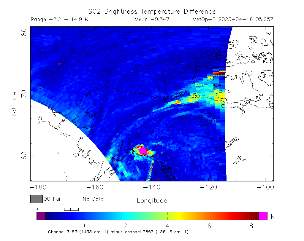 SO2 Brightness Temperature Difference 2023-04-16 05:25Z