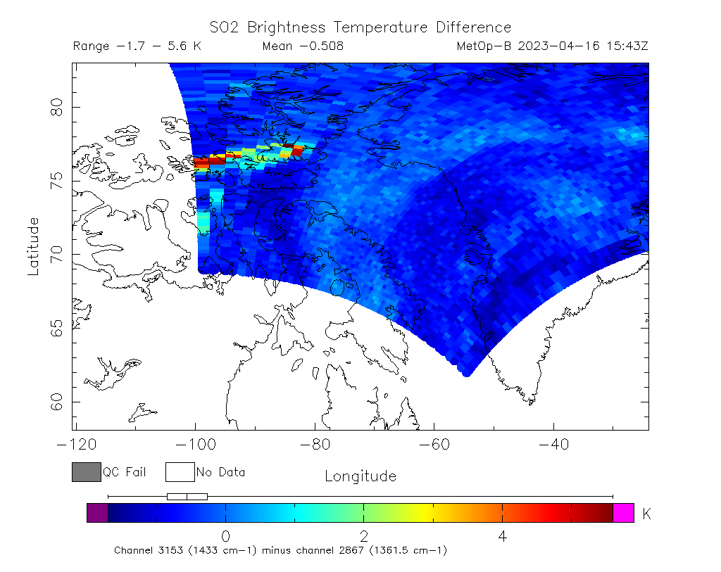 SO2 Brightness Temperature Difference 2023-04-16 15:43Z