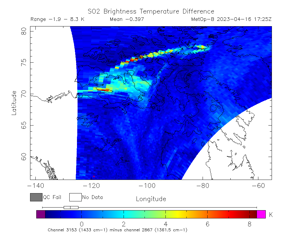 SO2 Brightness Temperature Difference 2023-04-16 17:25Z