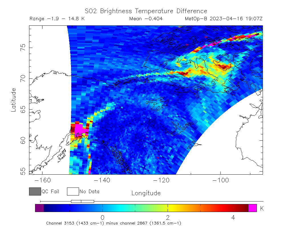 SO2 Brightness Temperature Difference 2023-04-16 19:07Z