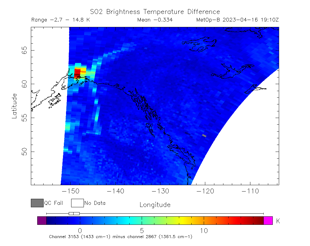 SO2 Brightness Temperature Difference 2023-04-16 19:10Z