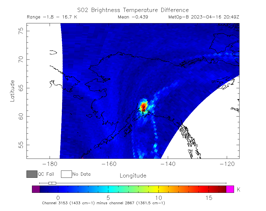 SO2 Brightness Temperature Difference 2023-04-16 20:49Z