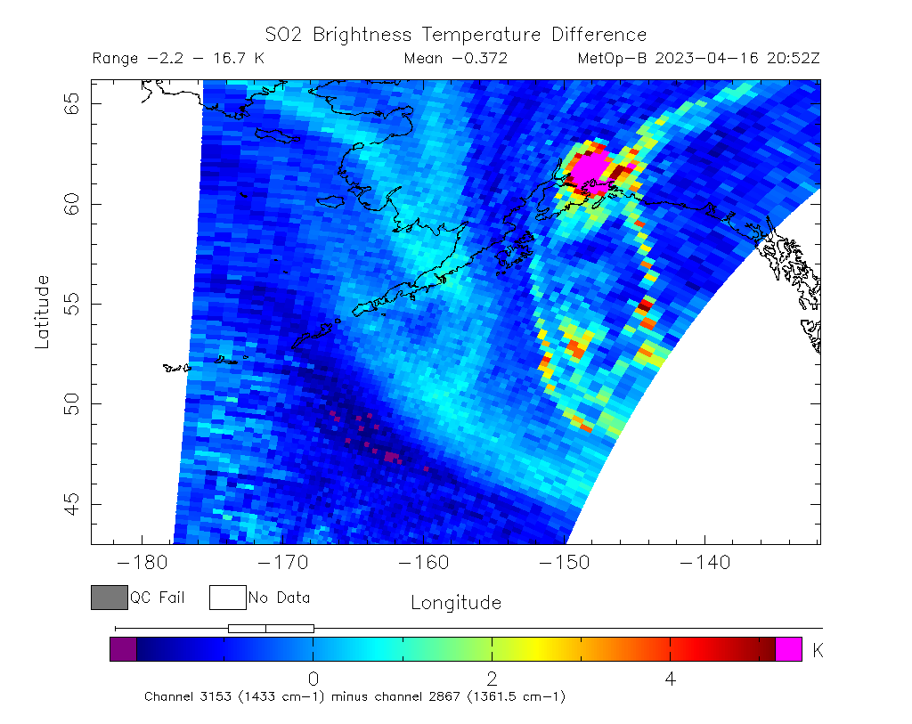 SO2 Brightness Temperature Difference 2023-04-16 20:52Z