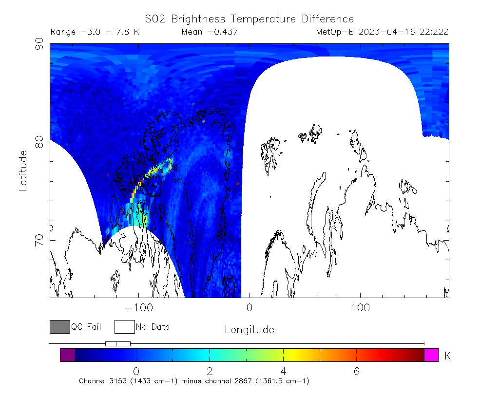 SO2 Brightness Temperature Difference 2023-04-16 22:22Z
