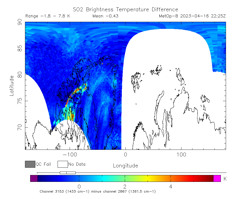 SO2 Brightness Temperature Difference 2023-04-16 22:25Z