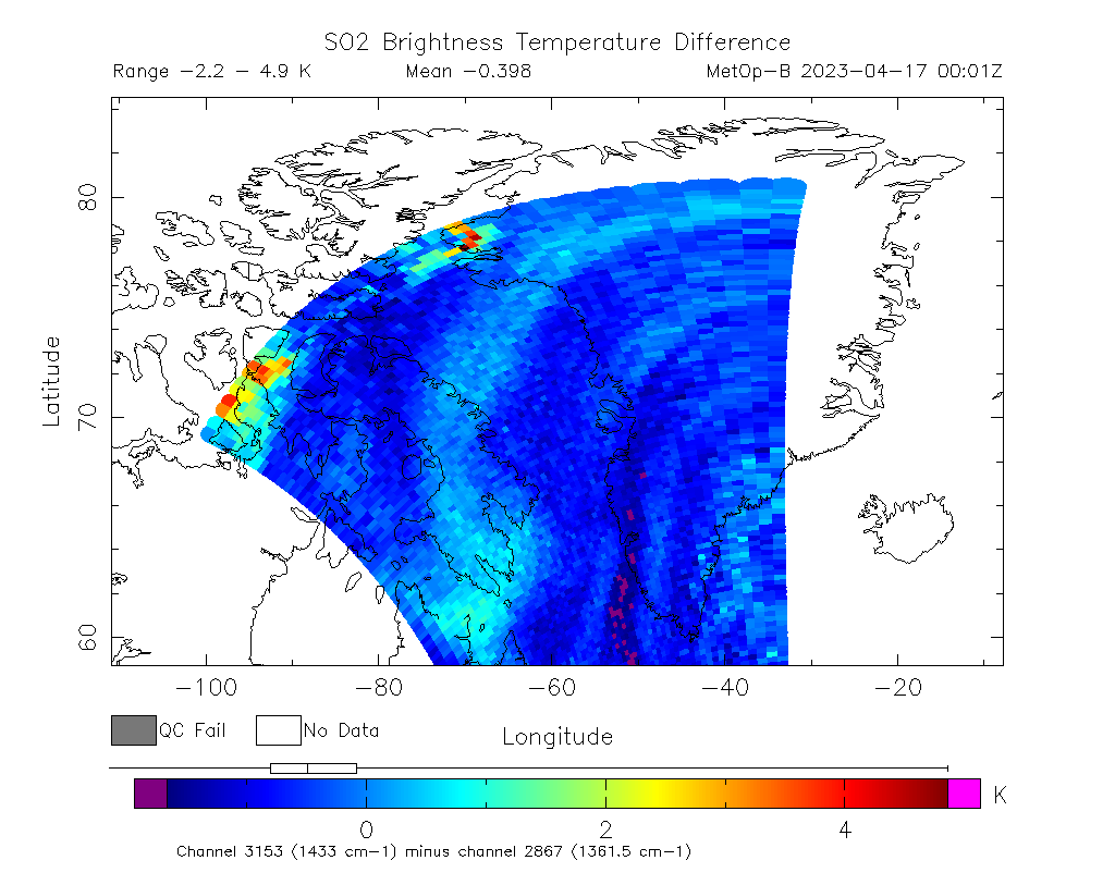 SO2 Brightness Temperature Difference 2023-04-17 00:01Z