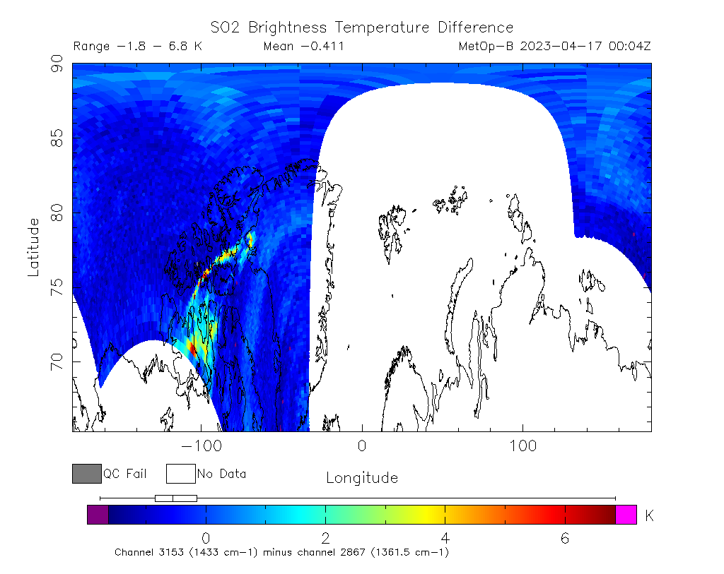 SO2 Brightness Temperature Difference 2023-04-17 00:04Z