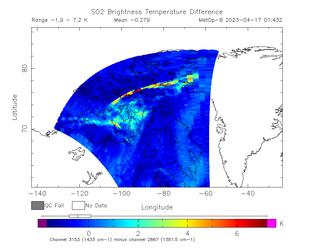 SO2 Brightness Temperature Difference 2023-04-17 01:43Z