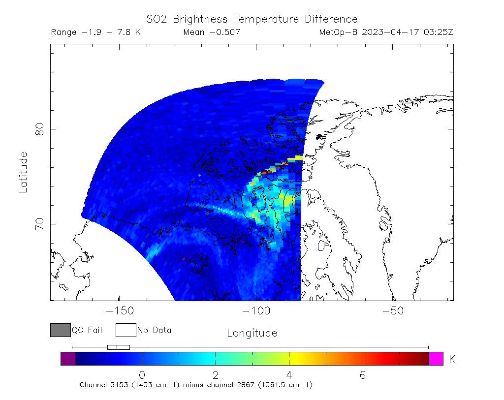 SO2 Brightness Temperature Difference 2023-04-17 03:25Z