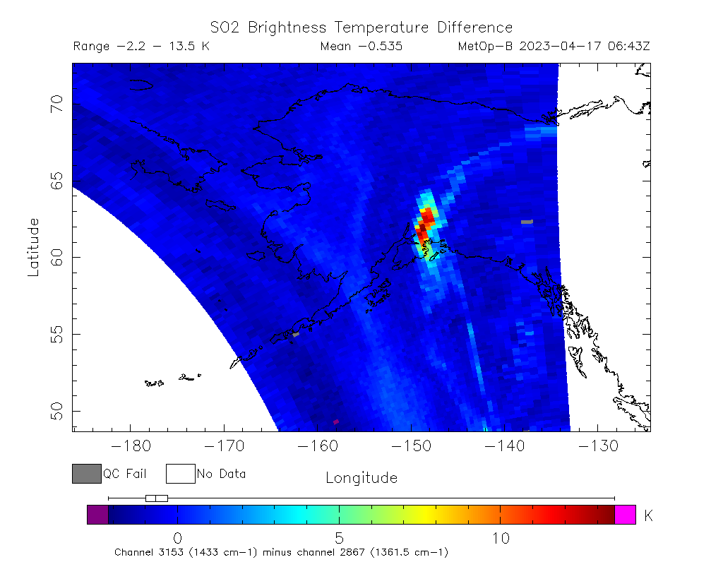 SO2 Brightness Temperature Difference 2023-04-17 06:43Z