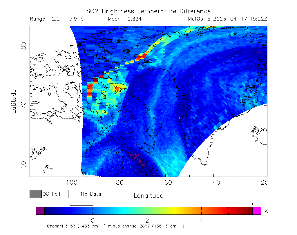 SO2 Brightness Temperature Difference 2023-04-17 15:22Z