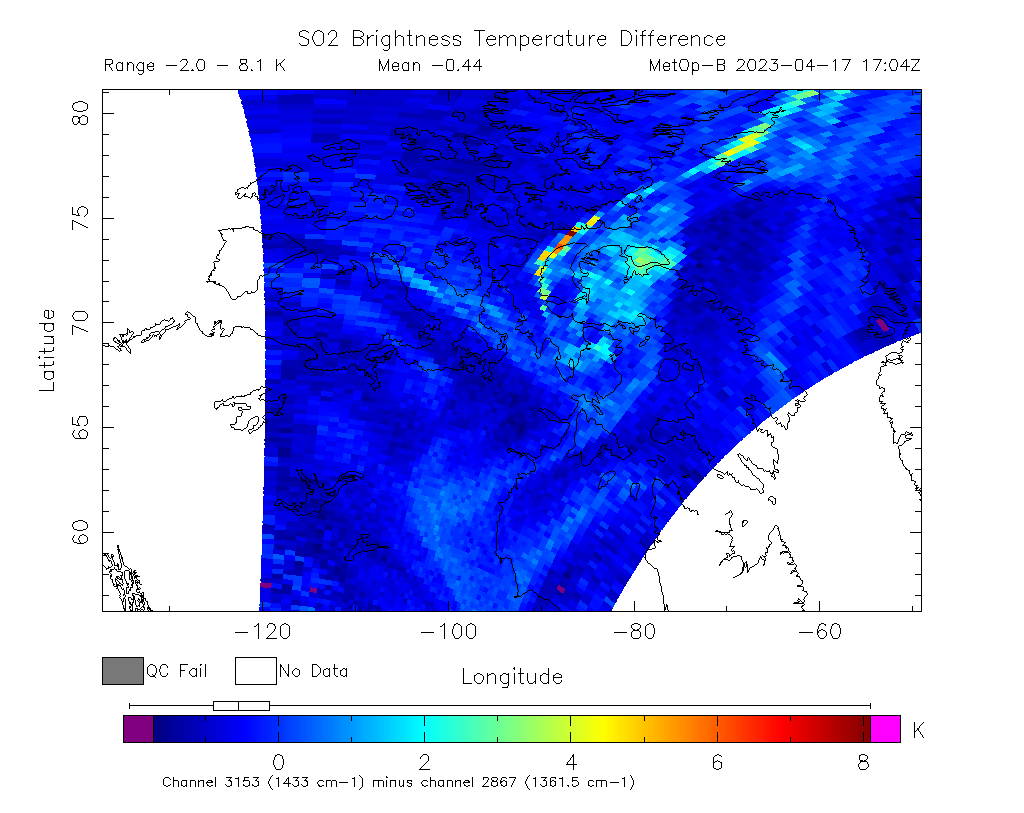 SO2 Brightness Temperature Difference 2023-04-17 17:04Z