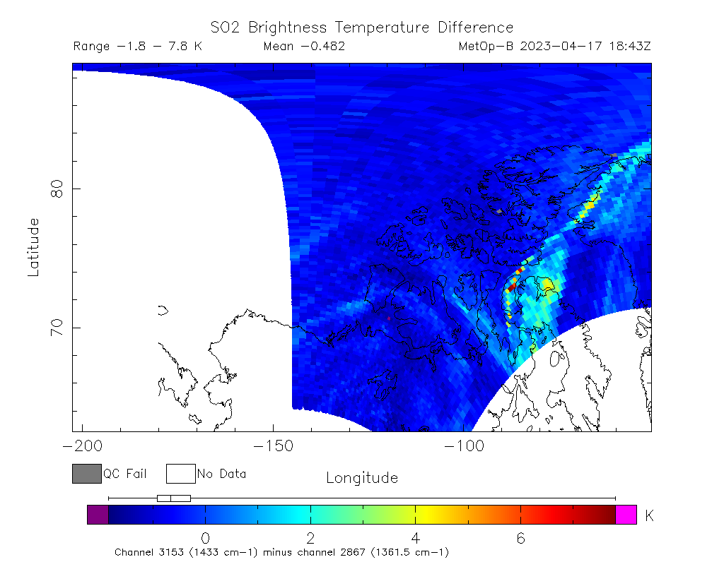 SO2 Brightness Temperature Difference 2023-04-17 18:43Z