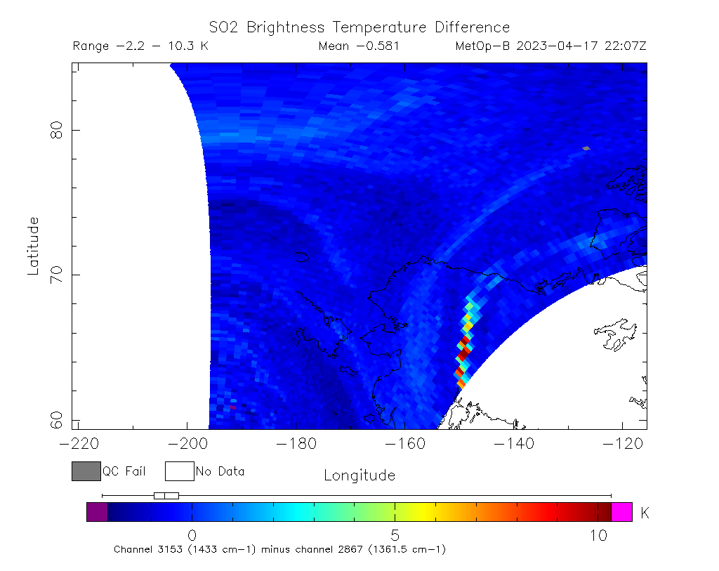 SO2 Brightness Temperature Difference 2023-04-17 22:07Z