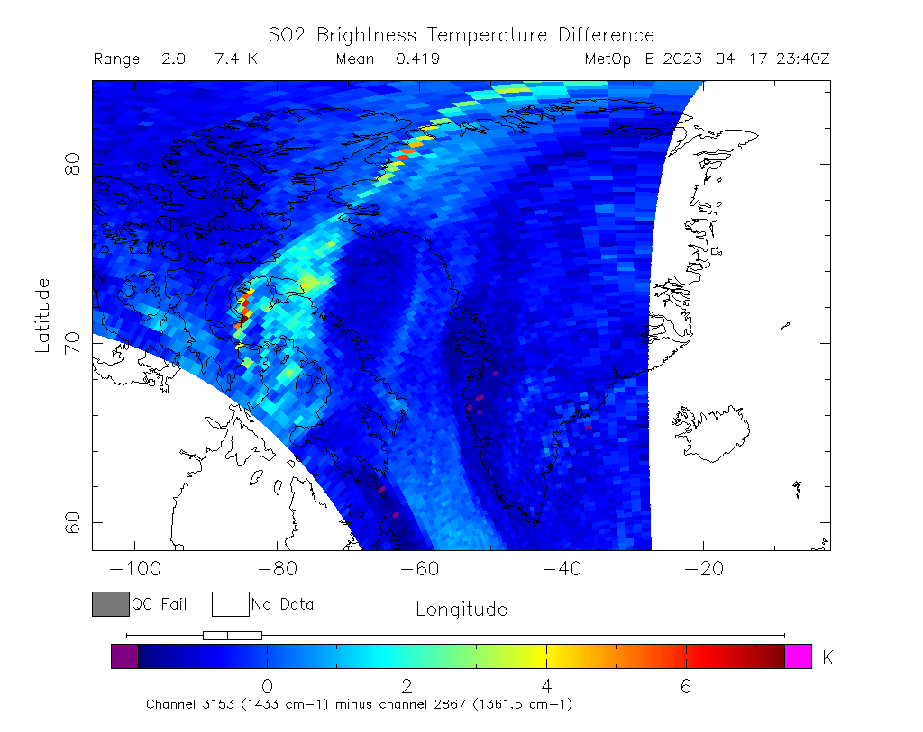 SO2 Brightness Temperature Difference 2023-04-17 23:40Z