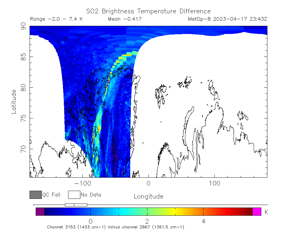 SO2 Brightness Temperature Difference 2023-04-17 23:43Z
