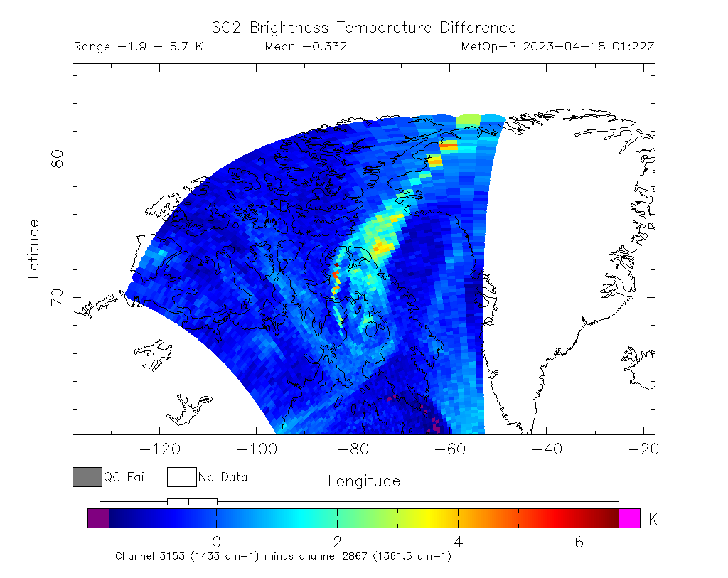 SO2 Brightness Temperature Difference 2023-04-18 01:22Z