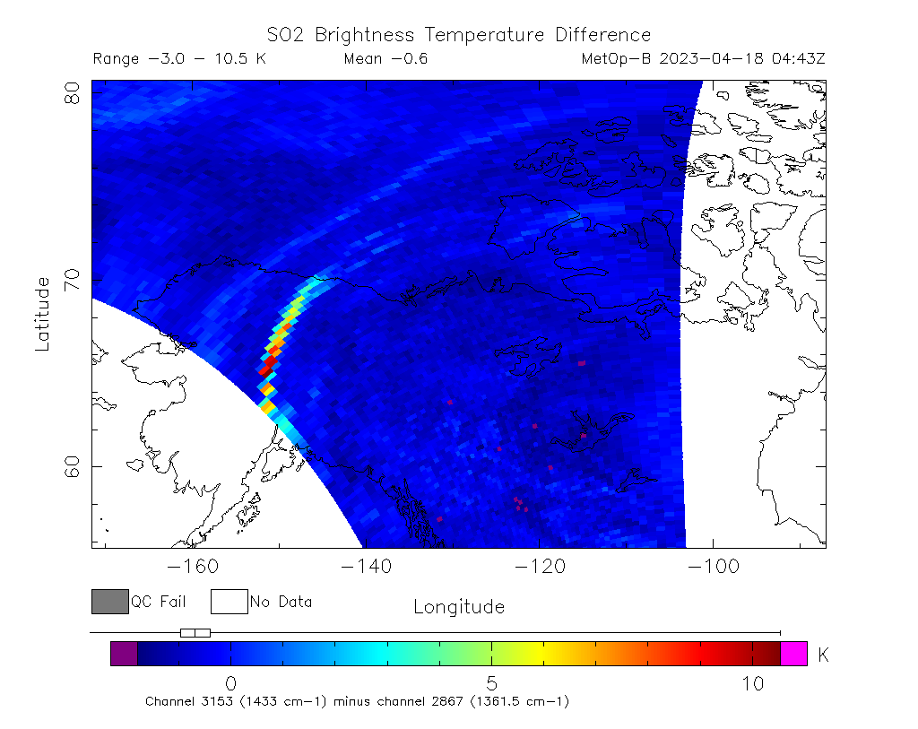 SO2 Brightness Temperature Difference 2023-04-18 04:43Z