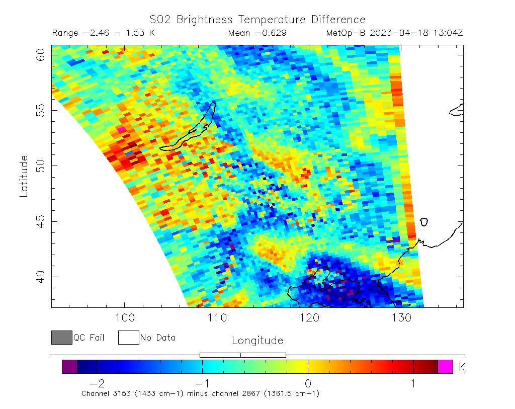 SO2 Brightness Temperature Difference 2023-04-18 13:04Z