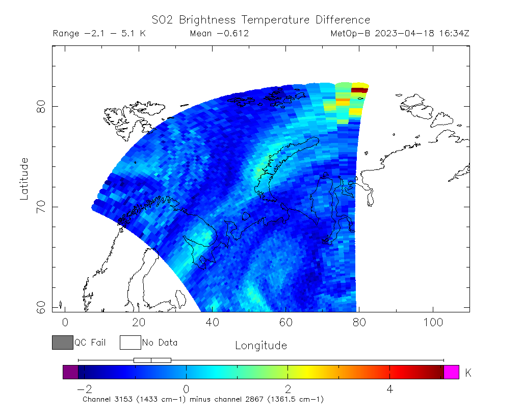 SO2 Brightness Temperature Difference 2023-04-18 16:34Z