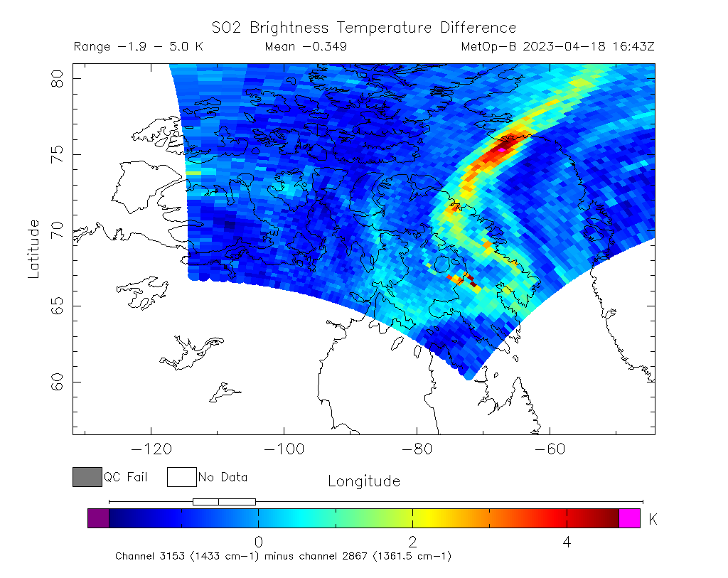 SO2 Brightness Temperature Difference 2023-04-18 16:43Z