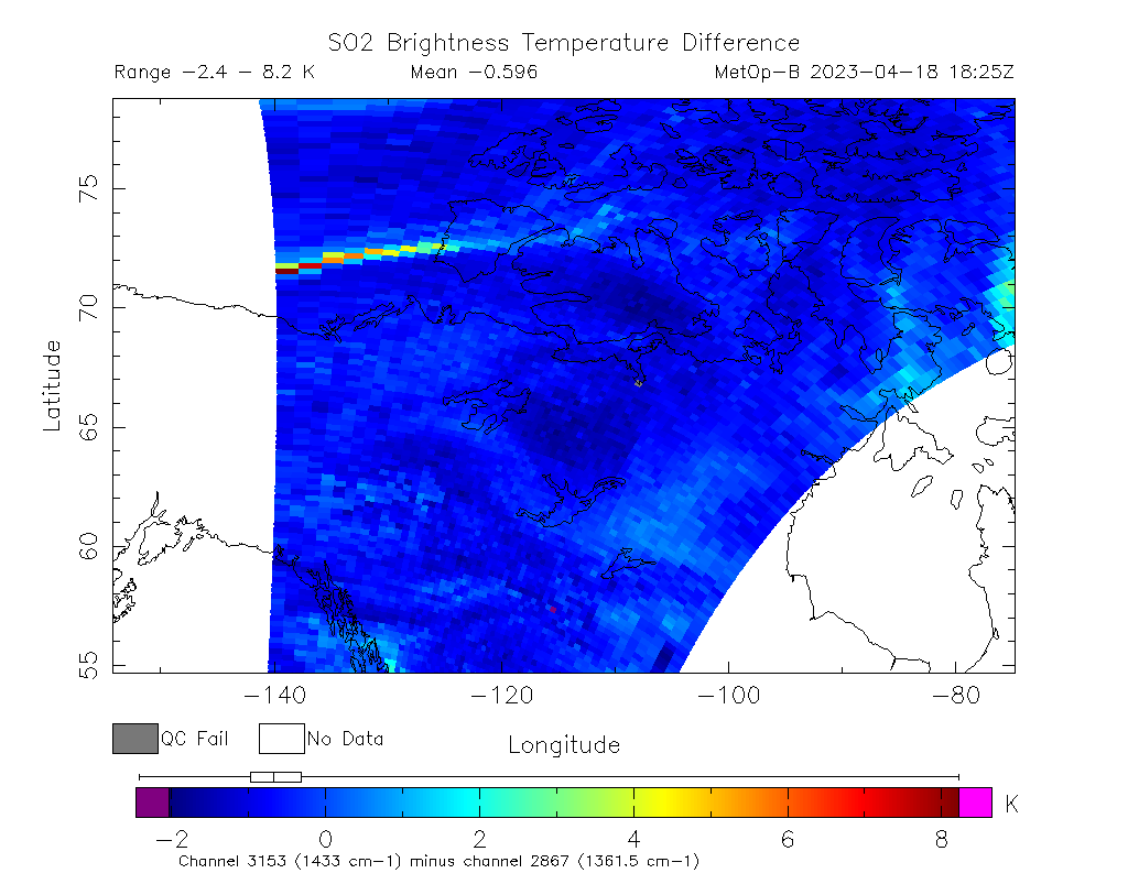 SO2 Brightness Temperature Difference 2023-04-18 18:25Z