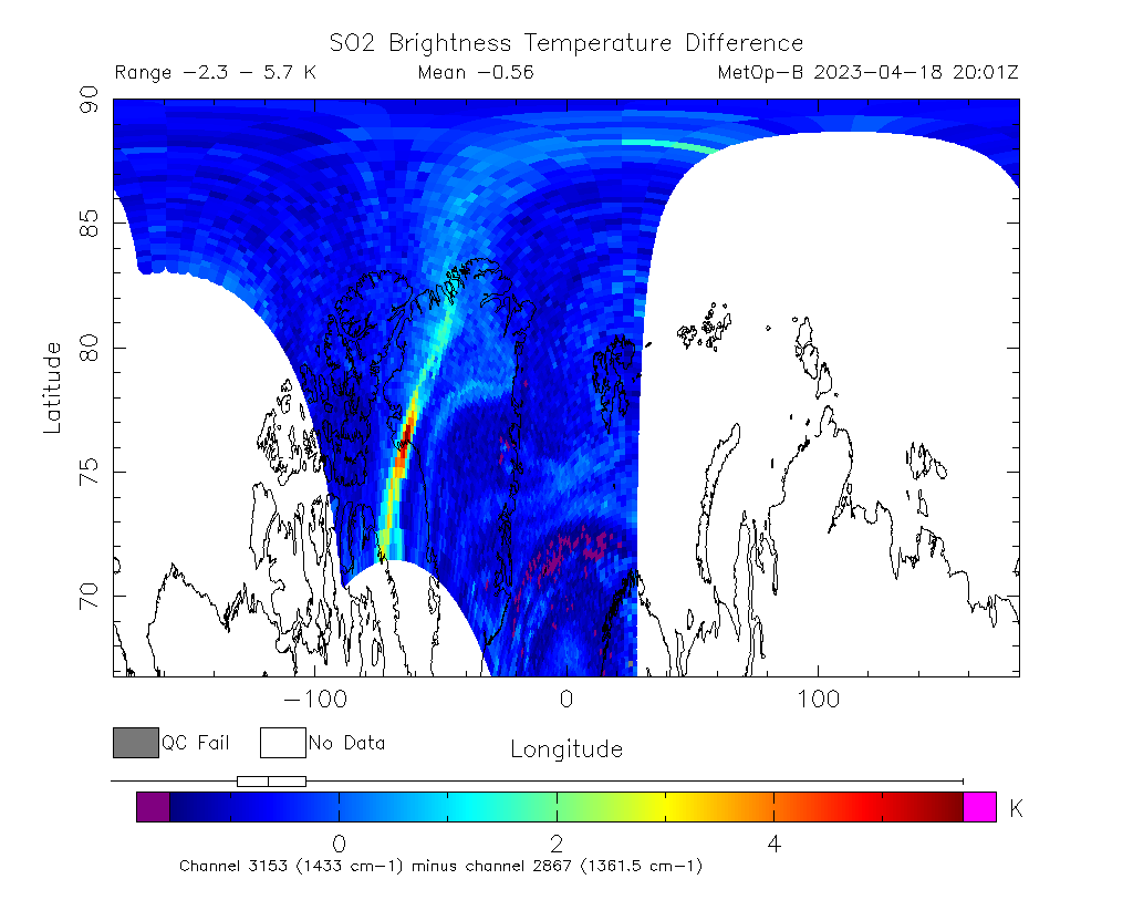 SO2 Brightness Temperature Difference 2023-04-18 20:01Z